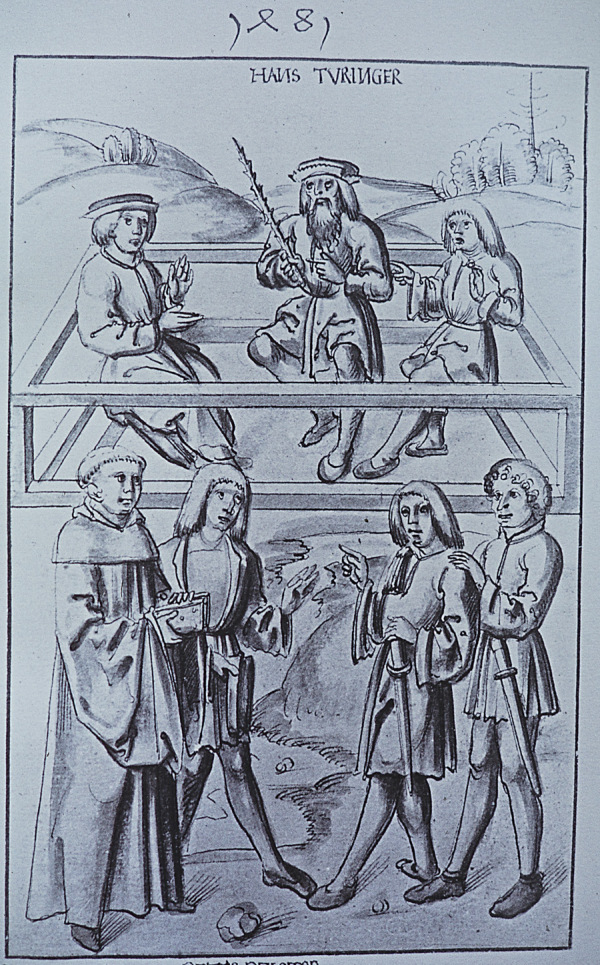 Sitzung des Landgerichts der Grafschaft Heiligenberg in Schattbuch. Zeichnung in einer Bilderchronik zur Geschichte der Klause Egg, 16. Jahrhundert